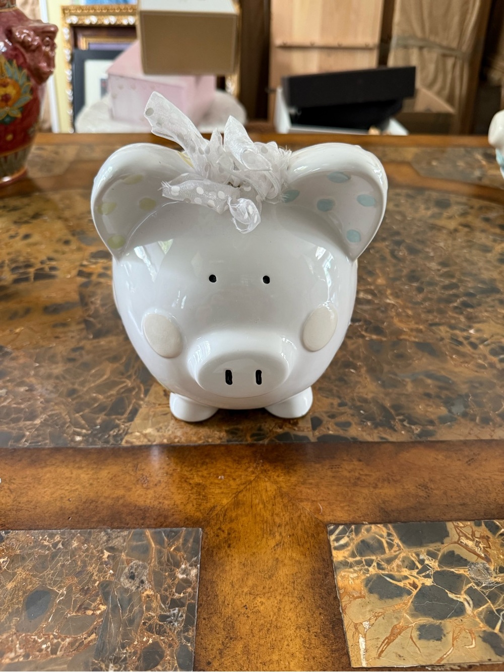 White Ceramic Piggy Bank with Pastel Polka Dots
